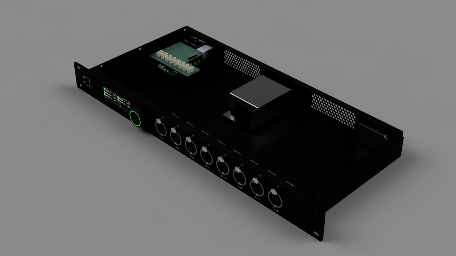 Intérieur du rack pixfrog : carte fille, alimentation et grilles de ventilation