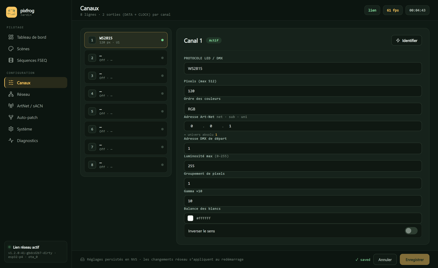 Page canaux de l'interface web pixfrog